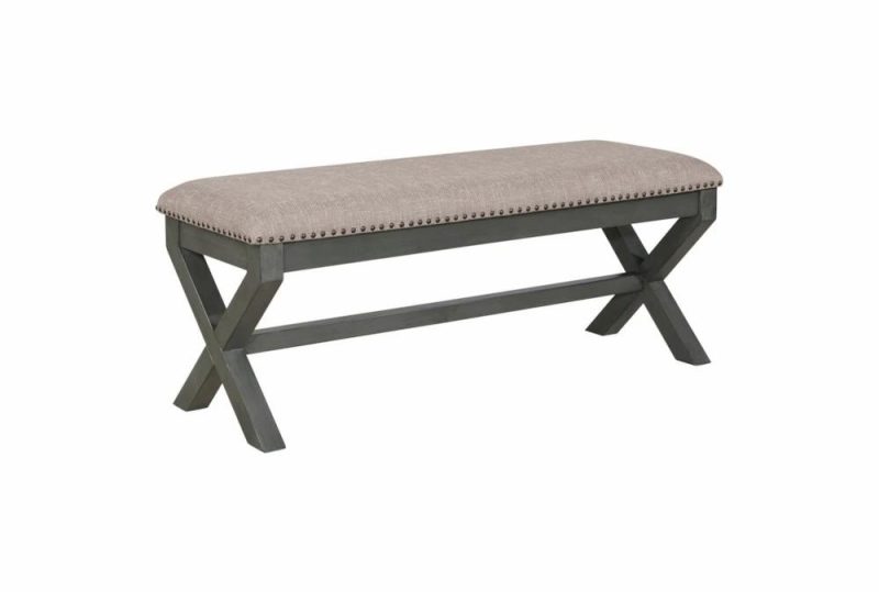 Benches |   Antique Grey 48″ Bench With Crossbuck Frame + Upholstered Seating With Nailhead Trim Benches Benches