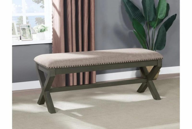 Benches |   Antique Grey 48″ Bench With Crossbuck Frame + Upholstered Seating With Nailhead Trim Benches Benches