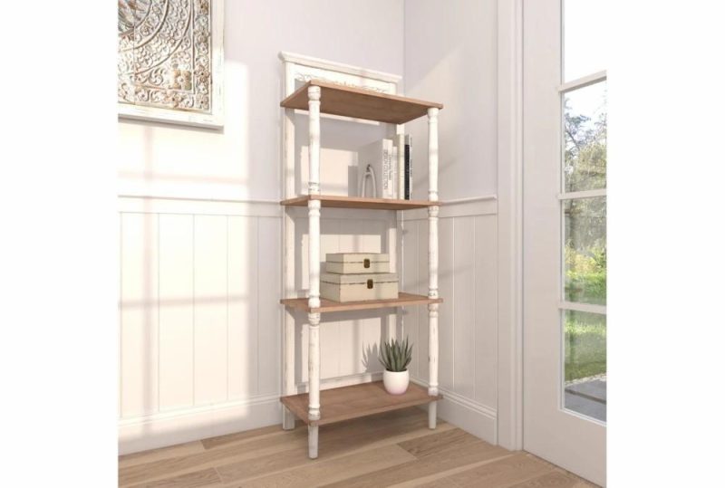 Bookcases |   White + Brown Antiqued Wood 57″ Etagere Bookcase Bookcases Bookcases