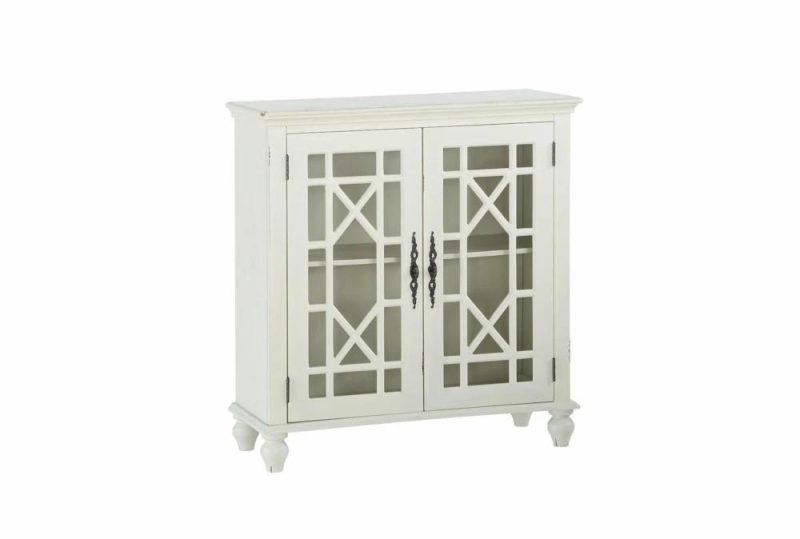 Cabinets + Chests |   34″ Antique White Wood Accent Cabinet With Glass + Wood Doors Living Room Cabinets + Chests