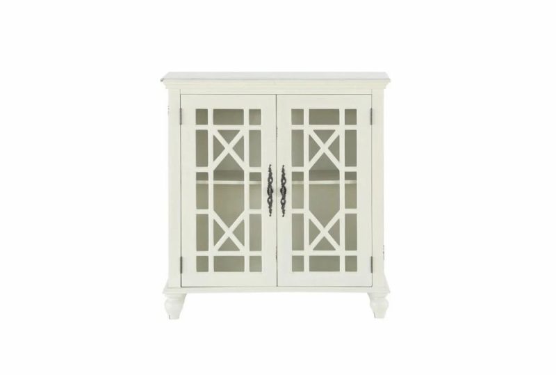 Cabinets + Chests |   34″ Antique White Wood Accent Cabinet With Glass + Wood Doors Living Room Cabinets + Chests