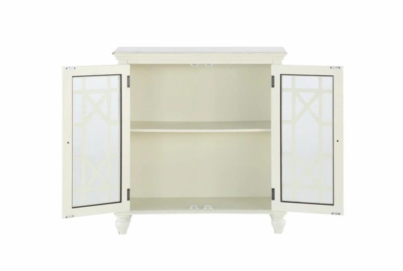 Cabinets + Chests |   34″ Antique White Wood Accent Cabinet With Glass + Wood Doors Living Room Cabinets + Chests