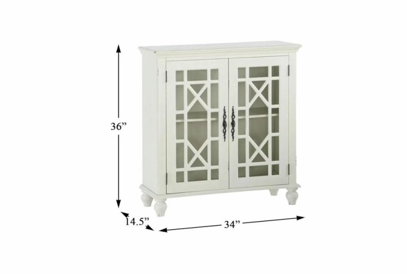 Cabinets + Chests |   34″ Antique White Wood Accent Cabinet With Glass + Wood Doors Living Room Cabinets + Chests