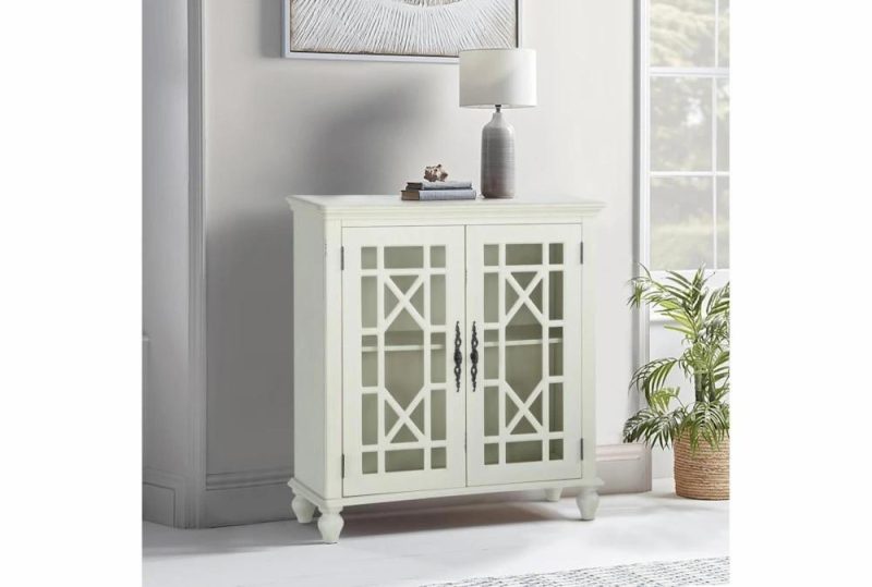 Cabinets + Chests |   34″ Antique White Wood Accent Cabinet With Glass + Wood Doors Living Room Cabinets + Chests