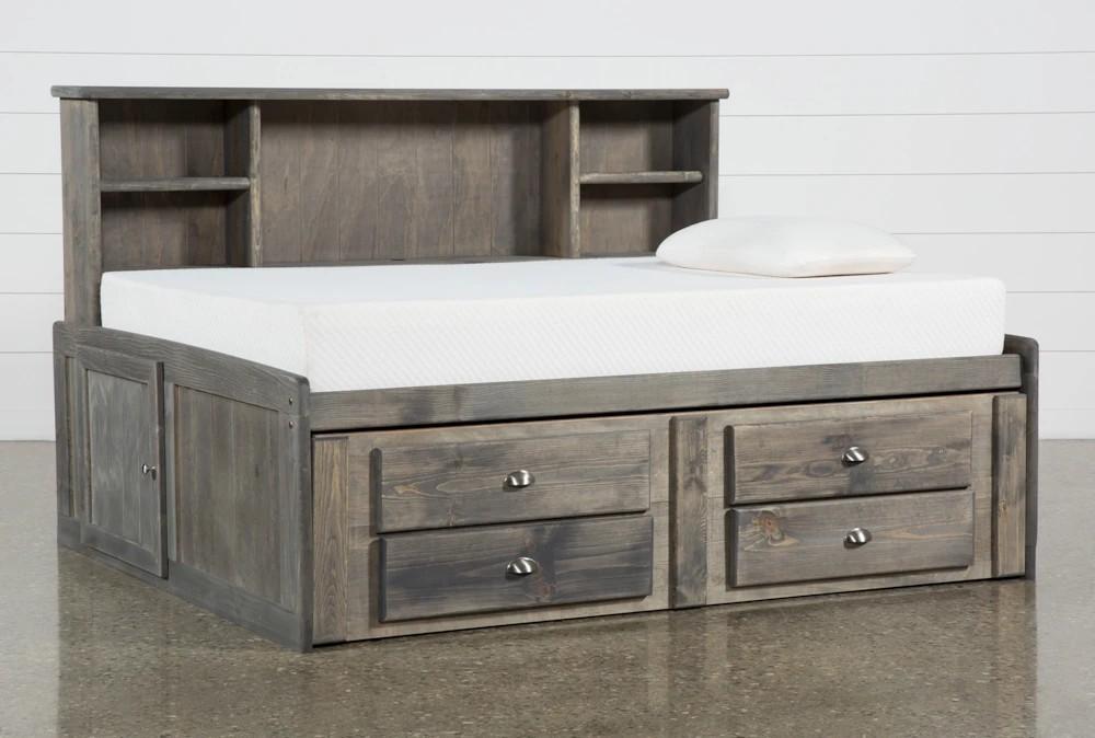 Daybeds |   Summit Grey Full Wood Bookcased Platform Daybed With 2-Drawer Captains Trundle Living Room Daybeds