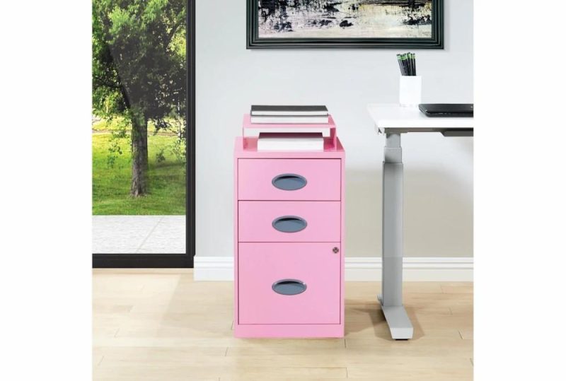 Filing Cabinets |   Pink 3 Drawer Locking Metal Filing Cabinet With Top Shelf Filing Cabinets Filing Cabinets