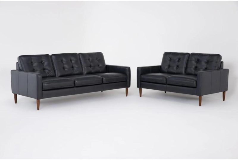 Living Room Sets |   Grayson Navy Blue Leather 2 Piece Tufted Sofa & Loveseat Set Living Room Living Room Sets