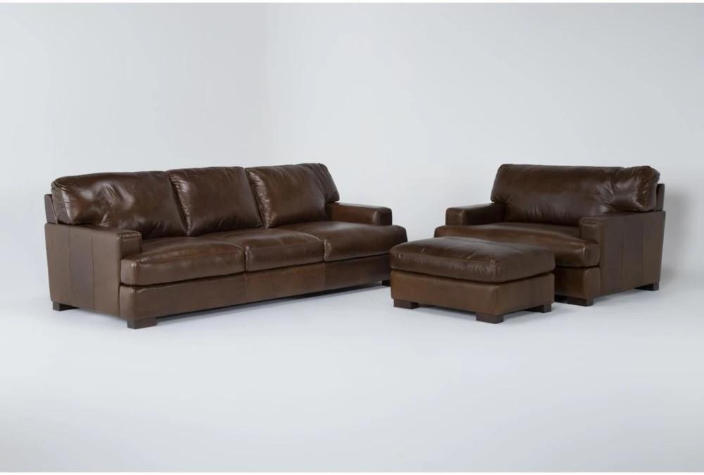 Living Room Sets |   Grisham Brown 100% Top Grain Italian Leather 3 Piece Sofa, Oversized Arm Chair, & Ottoman Set Living Room Living Room Sets