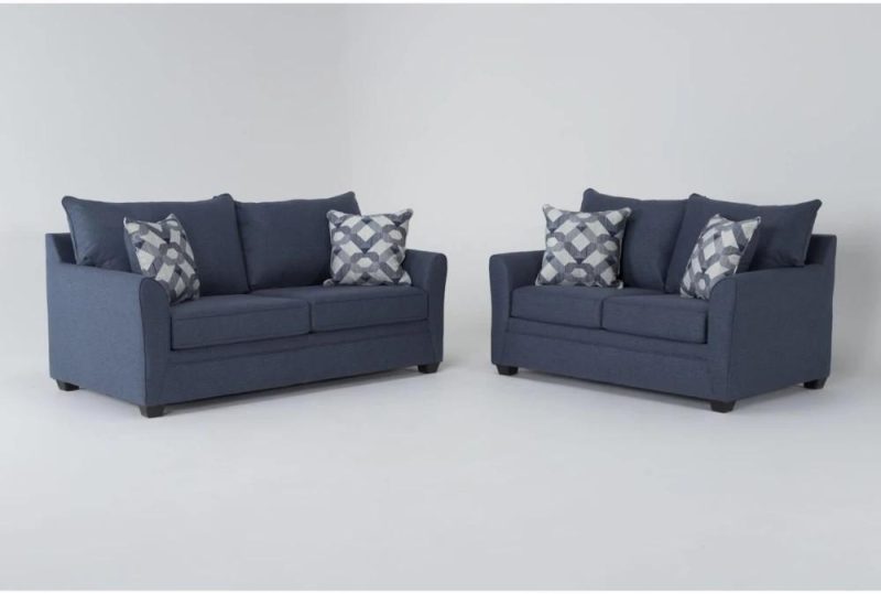 Living Room Sets |   Jaylen Indigo Blue Fabric 2 Piece 74″ Sofa & Loveseat Set Living Room Living Room Sets