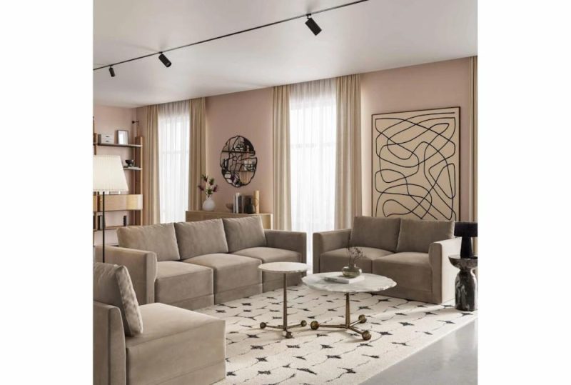 Loveseats |   Lyric Taupe Brown Velvet Fabric 74″ 2 Piece Modular Loveseat Living Room Loveseats