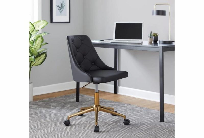 Office Chairs |   Mari Black Faux Leather Rolling Office Desk Chair With Gold Metal Base Office Chairs