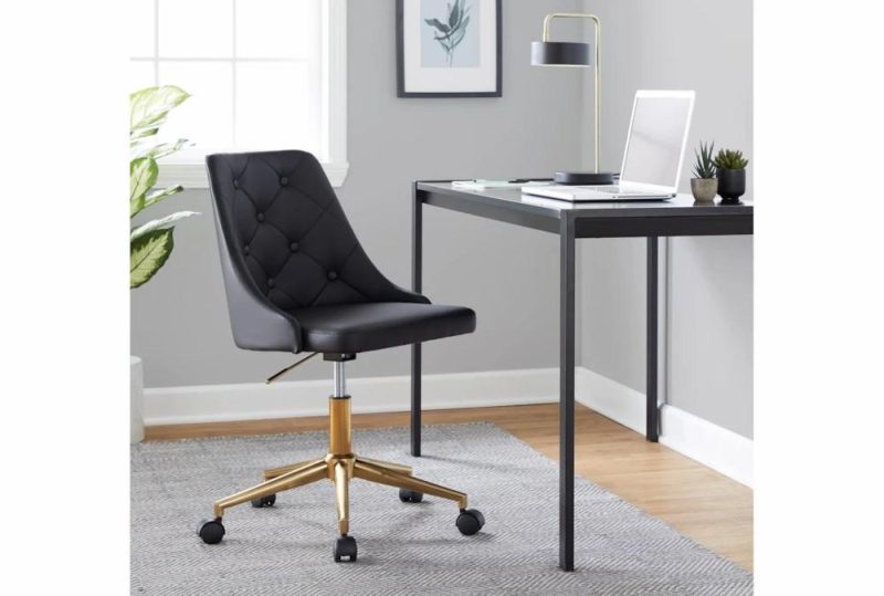 Office Chairs |   Mari Black Faux Leather Rolling Office Desk Chair With Gold Metal Base Office Chairs