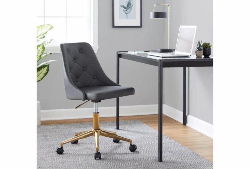 Office Chairs |   Mari Grey Faux Leather Rolling Office Desk Chair With Gold Metal Base Home Office Office Chairs