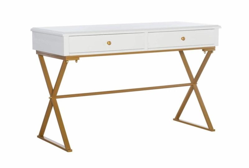 Office Desks |   Ardendale White +  Gold 48″ Desk With 2 Drawer Storage Home Office Office Desks