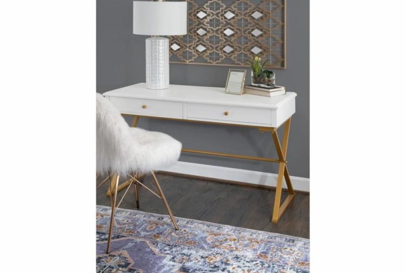 Office Desks |   Ardendale White +  Gold 48″ Desk With 2 Drawer Storage Home Office Office Desks