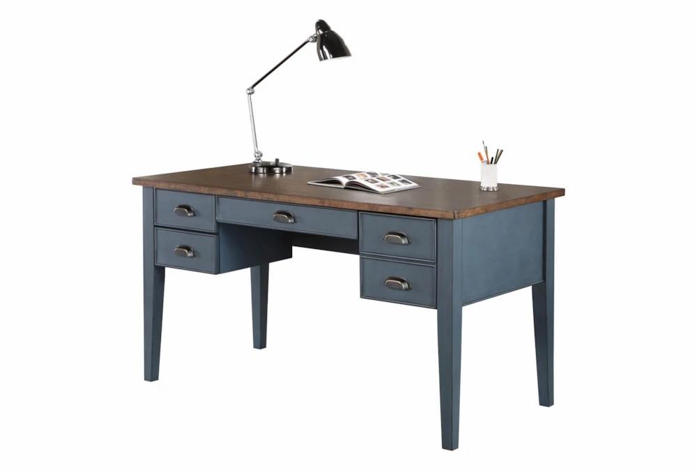 Office Desks |   Farmhouse Wood Blue 55″ Executive Desk With Drawers + Power Home Office Office Desks