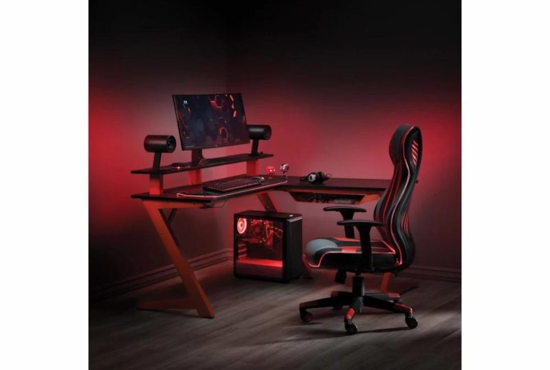 Office Desks |   Hub Carbon/Matte Red Gaming L-Shaped 54″ Computer Desk With Usb, Powr Outlets, Bluetooth Controlled Led Lights + 1 Shelf Storage Gaming Furniture Gaming Furniture