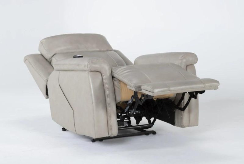 Recliners |   Serena Taupe Leather Power Recliner with Power Headrest, Heat & Massage Living Room Recliners