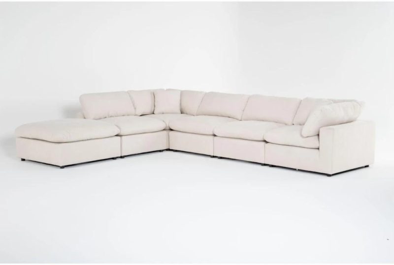 Sectionals |   Zone Cream White Fabric 6 Piece Modular L-Shaped Sectional with 2 Corners, 3 Armless Chairs & Ottoman Living Room Sectionals