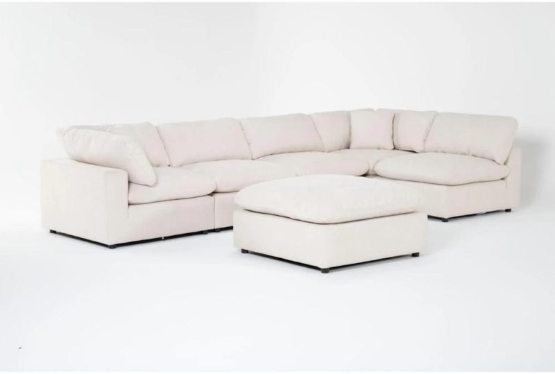 Sectionals |   Zone Cream White Fabric 6 Piece Modular L-Shaped Sectional with 2 Corners, 3 Armless Chairs & Ottoman Living Room Sectionals