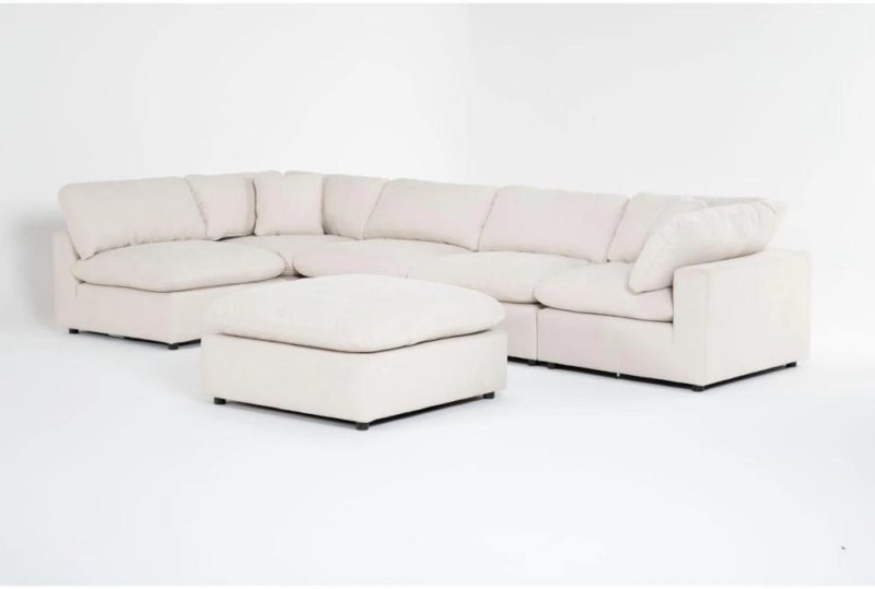 Sectionals |   Zone Cream White Fabric 6 Piece Modular L-Shaped Sectional with 2 Corners, 3 Armless Chairs & Ottoman Living Room Sectionals