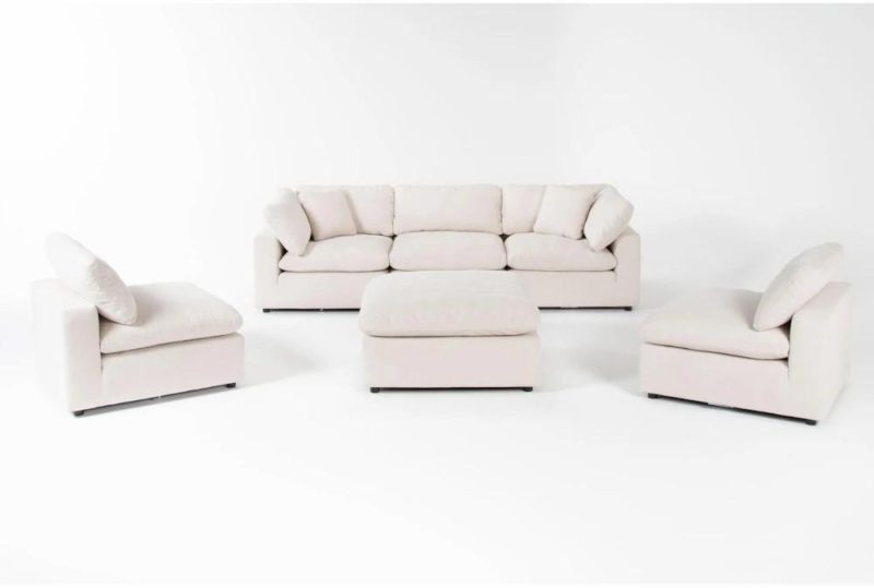 Sectionals |   Zone Cream White Fabric 6 Piece Modular L-Shaped Sectional with 2 Corners, 3 Armless Chairs & Ottoman Living Room Sectionals