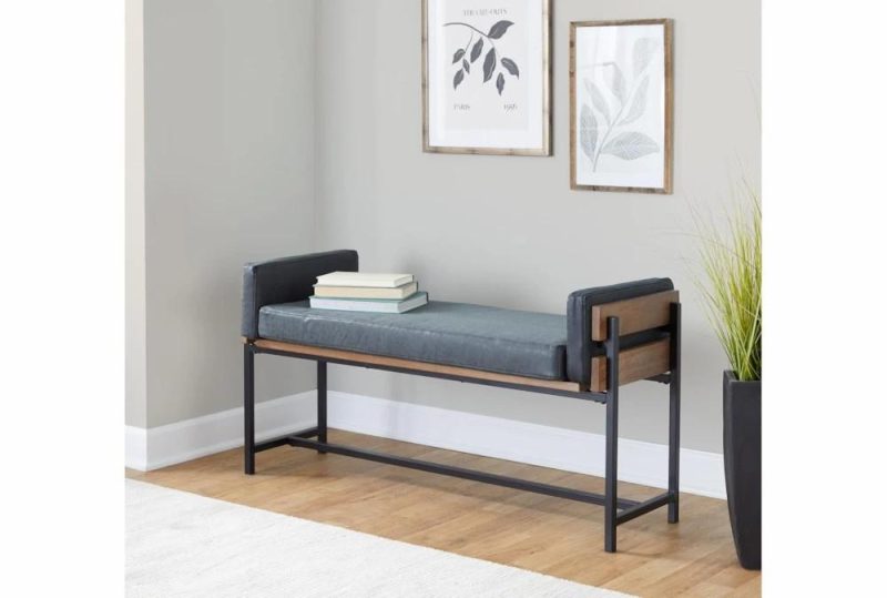 Benches |   45″ Farmhouse Bench With Dark Grey Upholstered Seating, Wood Frame + Black Metal Legs Benches Benches