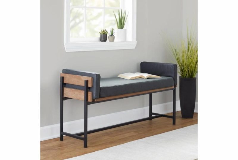 Benches |   45″ Farmhouse Bench With Dark Grey Upholstered Seating, Wood Frame + Black Metal Legs Benches Benches