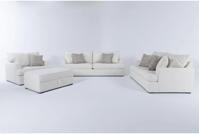 Living Room Sets |   Belinha II Opal White Fabric 4 Piece Queen Memory Foam Sleeper Sofa Bed, Condo Sofa, Arm Chair & Ottoman Set Living Room Living Room Sets