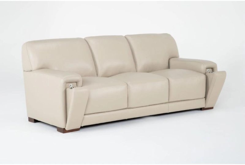 Sofas |   Bisbee Ivory White Leather 89″ Sofa with Cupholders & USB Living Room Sofas