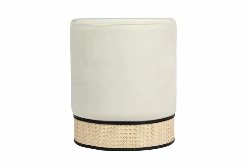 Ottomans + Poufs |   Ivy Cream White Velvet Fabric Round Ottoman Living Room Ottomans + Poufs