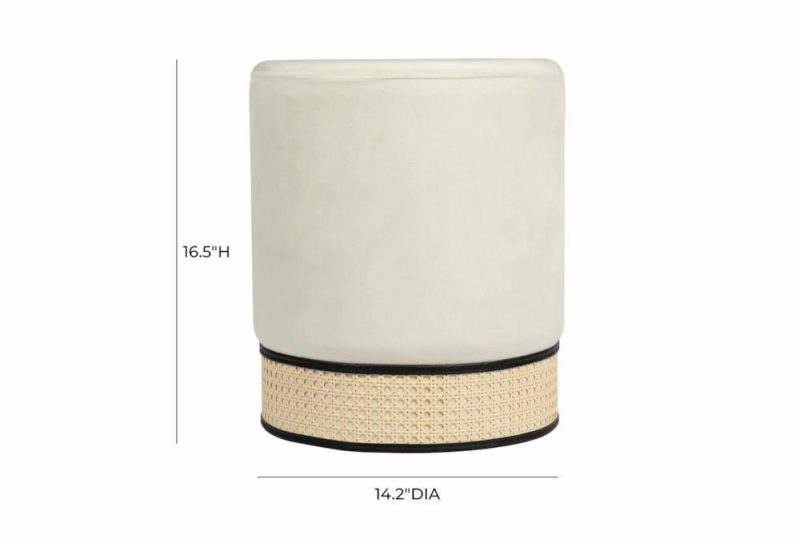 Ottomans + Poufs |   Ivy Cream White Velvet Fabric Round Ottoman Living Room Ottomans + Poufs