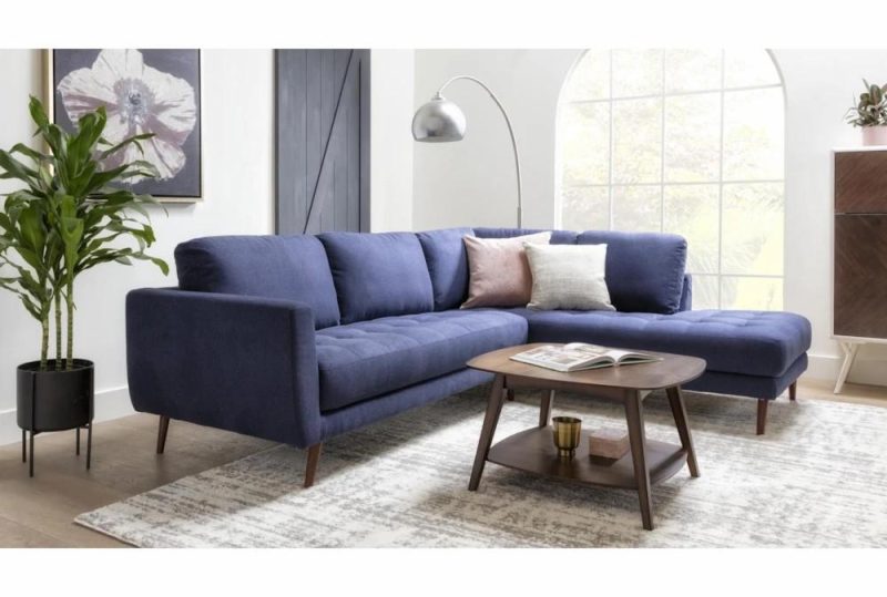 Sectionals |   Ginger Denim Blue Fabric 2 Piece 110″ L-Shaped Sectional with Left Arm Facing Corner Chaise Living Room Sectionals