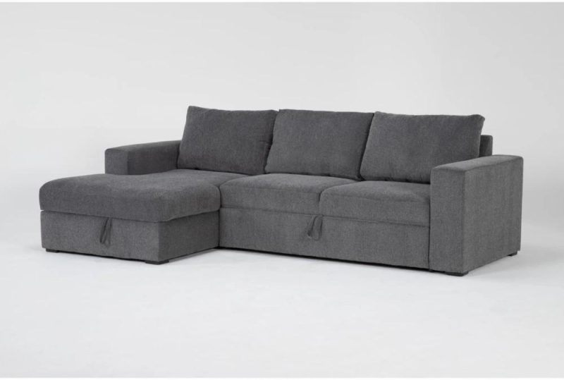 Sectionals |   Sebastian Slate Grey Fabric 111″ 2 Piece Convertible Futon Sleeper Sectional with Left Arm Facing Storage Chaise Futons Futons