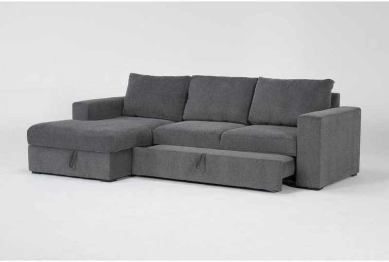 Sectionals |   Sebastian Slate Grey Fabric 111″ 2 Piece Convertible Futon Sleeper Sectional with Left Arm Facing Storage Chaise Futons Futons