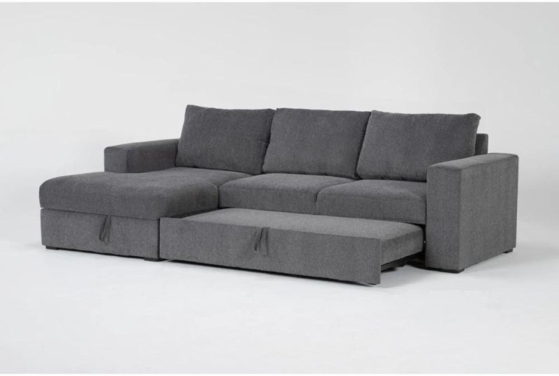 Sectionals |   Sebastian Slate Grey Fabric 111″ 2 Piece Convertible Futon Sleeper Sectional with Left Arm Facing Storage Chaise Futons Futons