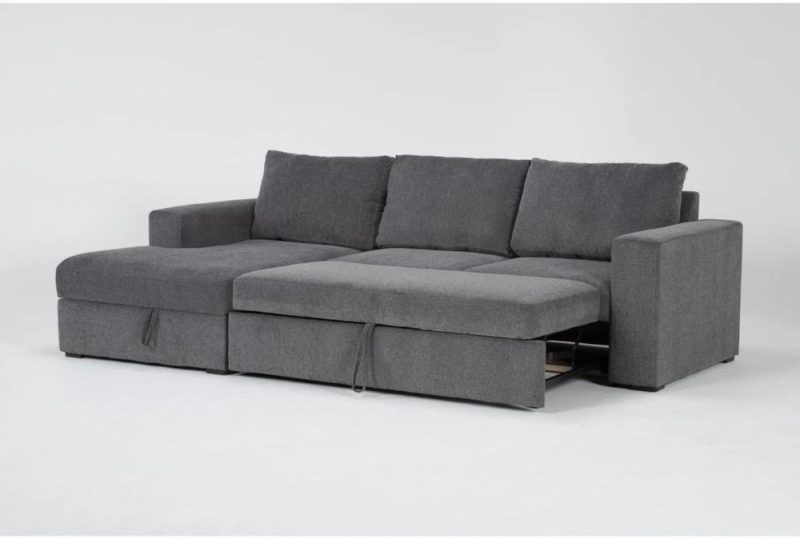 Sectionals |   Sebastian Slate Grey Fabric 111″ 2 Piece Convertible Futon Sleeper Sectional with Left Arm Facing Storage Chaise Futons Futons