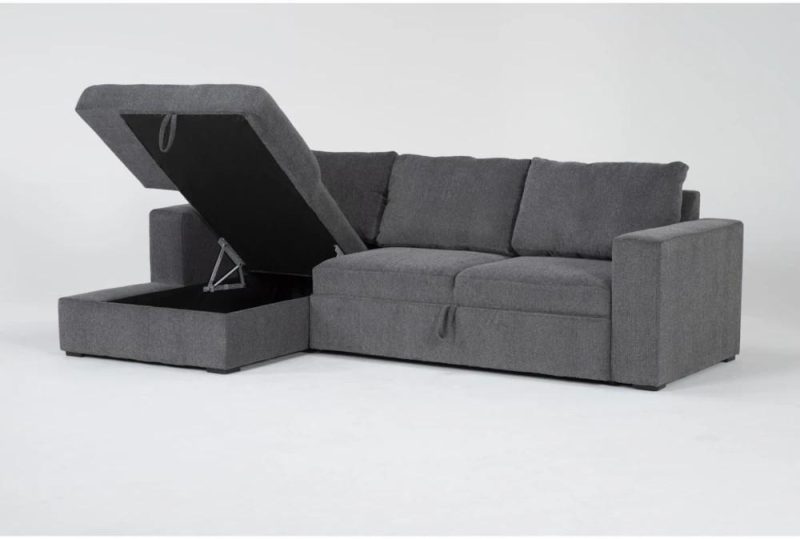 Sectionals |   Sebastian Slate Grey Fabric 111″ 2 Piece Convertible Futon Sleeper Sectional with Left Arm Facing Storage Chaise Futons Futons