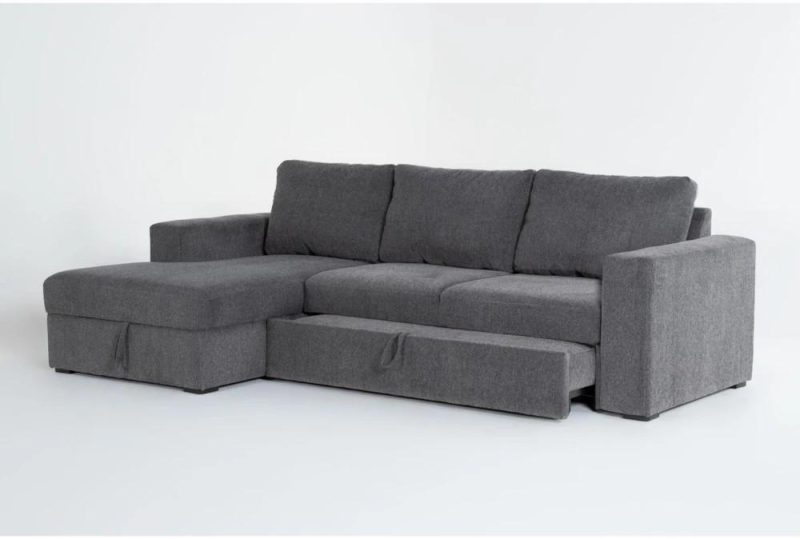 Sectionals |   Sebastian Slate Grey Fabric 111″ 2 Piece Convertible Futon Sleeper Sectional with Left Arm Facing Storage Chaise Futons Futons