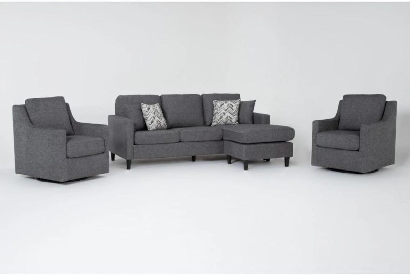 Living Room Sets |   Stark Dark Grey Fabric Sofa with Reversible Chaise & 2 Dark Grey Fabric Swivel Arm Chairs Living Room Living Room Sets