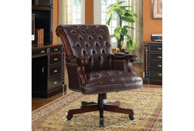 Office Chairs |   Tufted Dark Brown Faux Leather Rolling Office Desk Chair Home Office Office Chairs